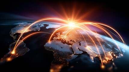 Global network visualization with data pathways over illuminated world map, international connectivity, communication infrastructure, worldwide digital web, glowing connection line