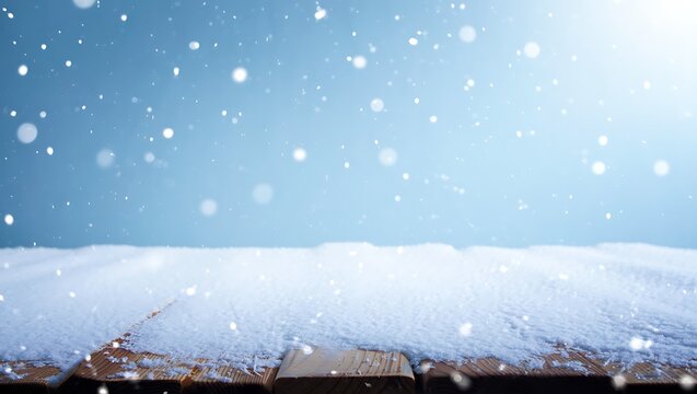 Snow falling on wooden deck with blue sky background in winter - Powered by Adobe