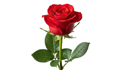 Fototapeta premium A beautiful, passionate deep red rose stands tall with a green stem, blooming vibrantly in a clean, isolated studio shot against a pure white background.