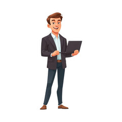 Cartoon illustration of a smiling young businessman in a suit holding a laptop, standing confidently.