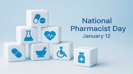 National pharmacist day january 12 pharmacy icons on cubes