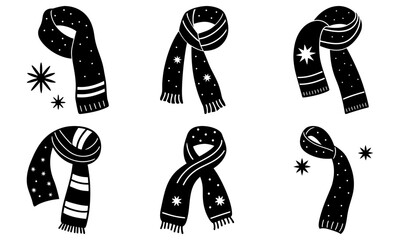 Five Black Scarves with White Stars and Dots on White Background scarf winter