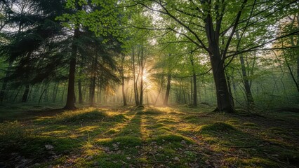 Obraz premium A forest with trees and sunlight filtering through the leaves on the ground with a natural and serene atmosphere in the woods