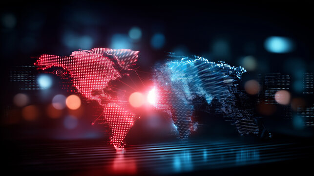 Two glowing digital world maps, one red and one blue, facing each other on dark background with digital code overlay, global communication duality, international data exchange, cyb