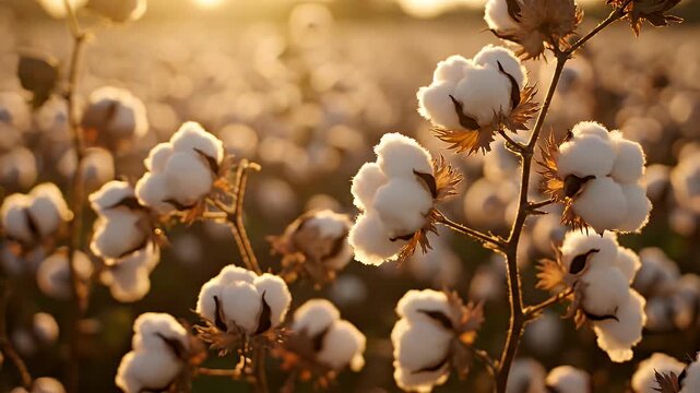 Close Up Of Cotton Bolls Field In Golden Hour Sunlight With Soft Bokeh Background