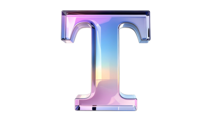 A translucent, glassy letter "T" rendered in vivid pastel gradients against a stark black backdrop. It shines, creating a captivating visual effect