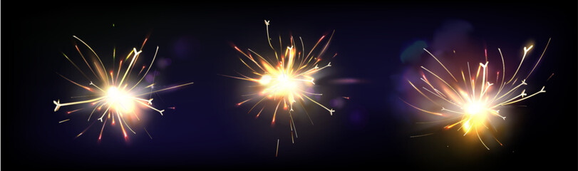 Electric welding sparks with firecracker fire explosion effect. Metal grinder sparkle and flame light bursts - realistic bright flare particles flying from torch work isolated on dark backdrop.