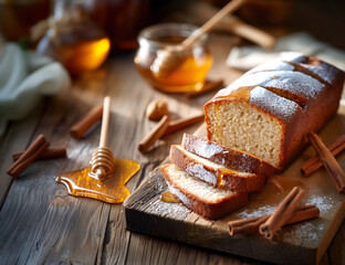 Creative food concept. Sliced cinnamon butter bread cake loaf with drizzle honey dip, powdered sugar on rustic wooden serving board table. copy text space