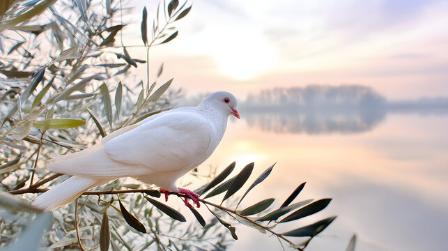 infamy. White dove perched on olive branch against calm lake at dawn. wildlife magazines, conservation campaigns, designed for wildlife conservation campaigns, used by retail merchandisers.