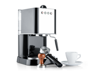 Portafilter espresso machine with tamper and cups on a transparent PNG background, presenting a complete barista setup for crafting rich espresso in a clean, high-quality image for versatile design us