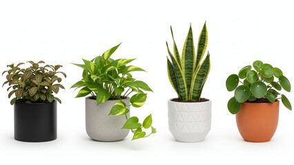 Obraz premium Collection of four diverse potted houseplants featuring popular indoor plants in modern pots isolated on a clean white background for home decor
