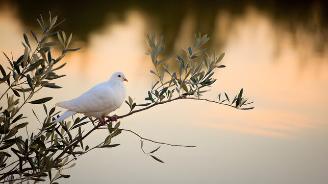 infamy. White dove perched on olive branch against calm lake at dawn. wildlife magazines, conservation campaigns, designed for wildlife conservation campaigns, used by retail merchandisers.