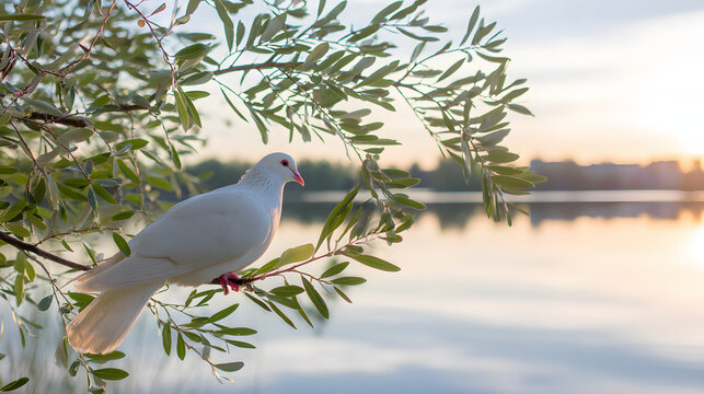 infamy. White dove perched on olive branch against calm lake at dawn. wildlife magazines, conservation campaigns, designed for wildlife conservation campaigns, used by retail merchandisers.