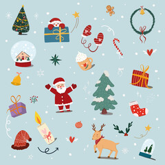 winter Christmas pattern background, with cute cartoon of Santa Claus, ornament, Christmas tree, gift box, candy canes, reindeer, snow globe, sock isolated on light green background