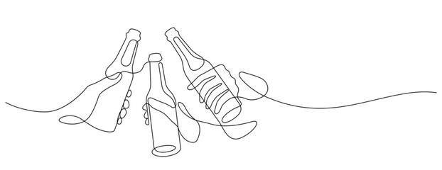 beer clinking one line drawing continuous minimalism. beer bottle celebratory toasting thin line illustration copy space. three person togetherness congratulating