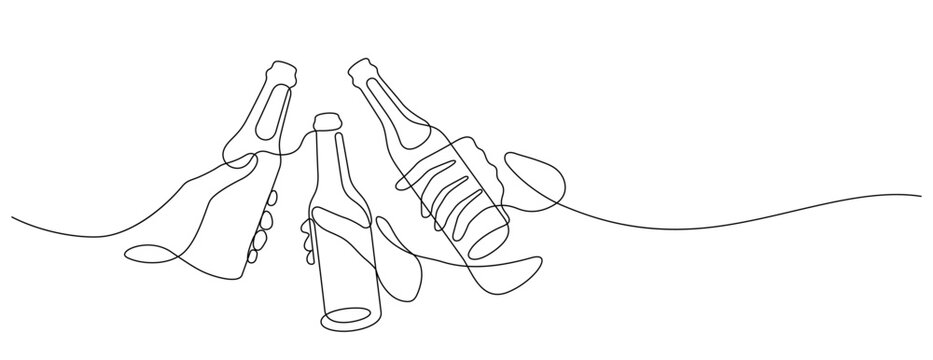 beer clinking one line drawing continuous minimalism. beer bottle celebratory toasting thin line illustration copy space. three person togetherness congratulating