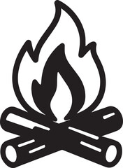 A graphic, minimalist depiction of a campfire. Flame dance on the dark background. Showing fire's simple allure and primal warmth.