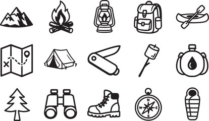 A collection of outdoors camping icons, representing the essential elements for a wilderness adventure. Evoking feelings of freedom, exploration and a connection with nature.