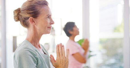 Obraz premium Yoga class, mature woman and prayer hands for fitness, mindfulness or meditation for peace. Yogi, namaste and person with friends in studio, zen or smile with holistic exercise for spiritual wellness