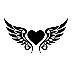 Obraz premium Illustration of black heart wings symbol with decorative swirls on transparent background