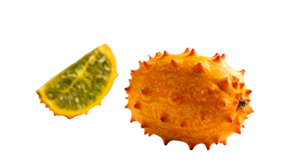 A vibrant, close-up shot of a horned melon fruit and its sliced portion against a dark background, showcasing texture and details