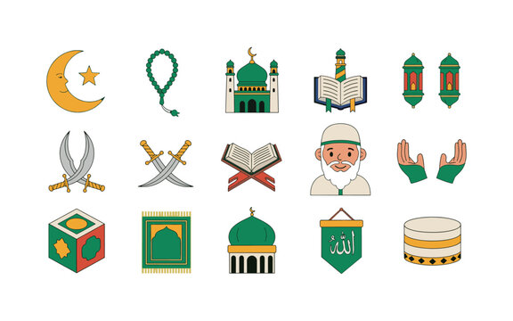Islamic Ramadan Kareem Icon Set Traditional Green and Gold Religious Symbols