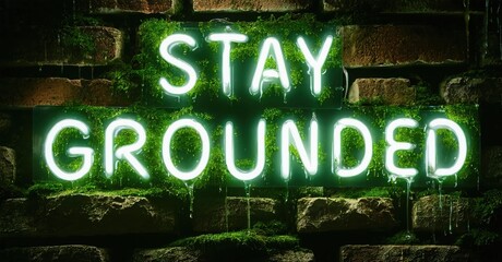 Naklejka premium Bright neon sign displays Stay Grounded against mossy brick wall. Dripping effect adds dramatic visual element. Dark background emphasizes glow.