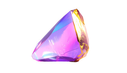 A faceted gem displays a vibrant spectrum of iridescent colors, set against a stark black background. It appears translucent and luminous