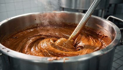 Medium shot of opentop stainless steel mixing vat with manual stirring paddle rich sauce textures swirling under bright industrial lighting in a professional food production