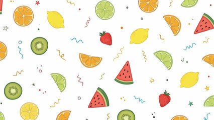 Vibrant Summer Fruit Pattern with Oranges Lemons Watermelon Kiwi and Strawberries.