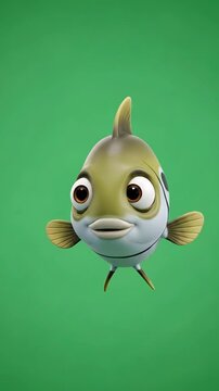 Funny 3D Cartoon Fish Character with Big Eyes Isolated on Green Screen Background, Cute Aquatic Animal Portrait for Animation and Compositing, Realistic Textures and Friendly Mascot.