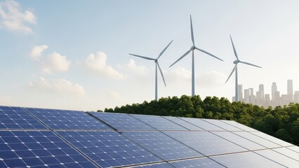 Solar panels and wind turbines generating renewable energy in a city
