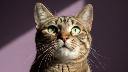 Brown tabby cat with green eyes looking up at something with interest and curiosity on a purple background