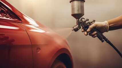 Person in a workshop spray painting a car with a spray gun carefully