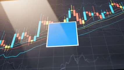 Stock market graph with blue rectangle on a black background showing financial data and trends with a white border