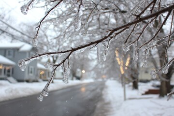 Frozen Tree Branches with Ice Glaze Against a Snowy Residential Streetscape in Winter Outdoor Scenic View