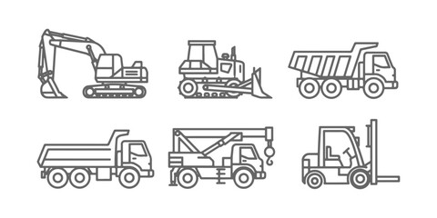 Fototapeta premium CAD Drawings. Side view set of construction and utility vehicles including excavator, bulldozer, dump truck, crane truck, and forklift isolated on white background. Vector illustration.