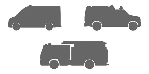 CAD Drawings. Side view set of emergency vehicles silhouette including ambulance, fire truck and rescue vehicle isolated on white background. Vector illustration.
