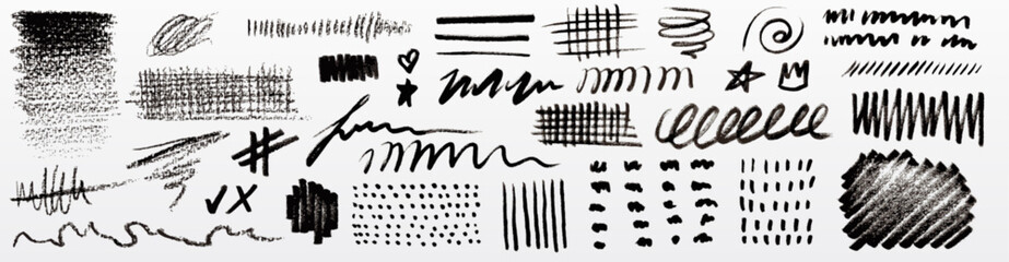 Fototapeta premium Scribble doodle set with ink pen strokes and crayon textures - hand drawn pencil lines, brush marks and rough sketches. Vector grunge scribbles with abstract squiggly shapes and charcoal effects.