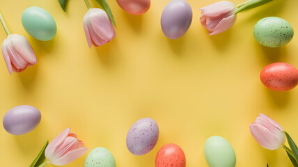 Easter eggs and tulips on yellow background