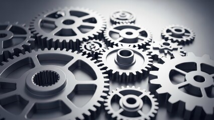 A collection of metal gears on a gray surface with a gradient background