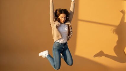 Woman jumping in the air with her arms raised high on orange background