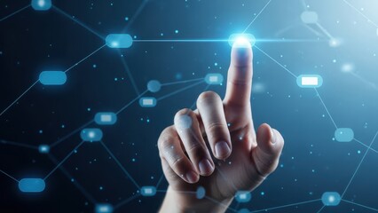 A hand with a finger pointing up to a glowing blue light in a futuristic network background