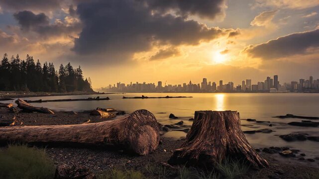 Timelapse view of a weathered tree stump at a riverside during sunset, with flowing water and a glowing urban cityscape visible along the opposite shoreline. The scene blends nature and city life