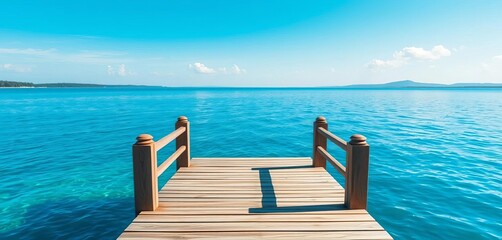 Fototapeta premium Sunny day, a classic wooden dock juts out into a clear blue lake, inviting relaxation, relaxation, nature