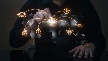 Focused man checking real time logistics tracking system on global network interface with determination