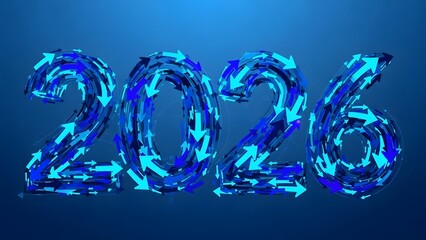 Digital Dynamics: The year 2026 takes shape in an innovative digital display, its numbers interwoven with streams of fluid arrows against a cool blue backdrop.