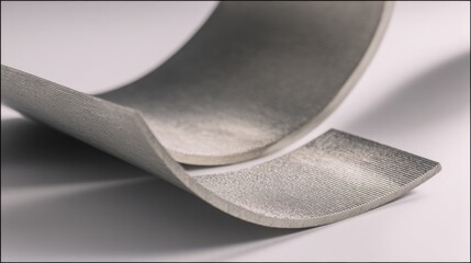 Closeup medium shot showing flattening of an aluminum shape memory alloy strip on a smooth surface emphasizing its unique ability to return to original shape after deformation