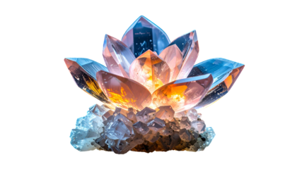 A luminous, crystal lotus flower sculpture glows with orange and blue light against a black background