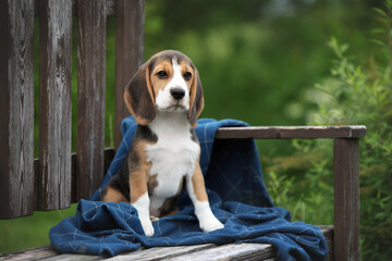 Cute little beagle puppy sitting on a bench © adyafoto